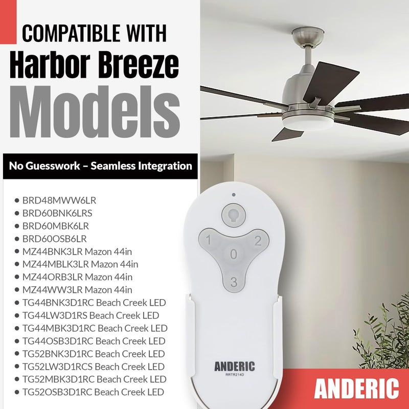 Anderic RRTR214D Replacement Ceiling Fan Remote – Compatible with Harbor Breeze TR214D, TR214B, TR214A, KUJCE10311, KUJCE10712, KUJCE10610 – 3-Speed Fan & Light Control – Receiver Required - Image 2